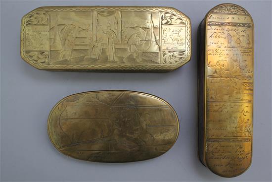 An 18th century Dutch engraved copper and brass tobacco box, largest 6.25in.